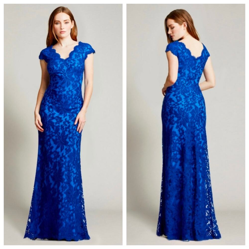 Tadashi Shoji Blue Lace Cap Sleeve Gown Size 8 Elegant Formal Evening Dress